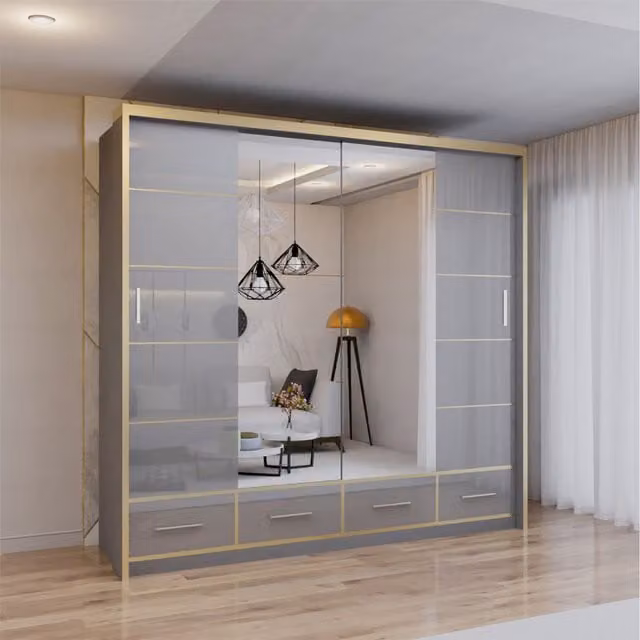 Sliding Wardrobes 4 u High Gloss Modern 3 Door Sliding Wardrobe with LED Lighting, Mirror and Internal Drawers in Grey, H 220 cm x W 203 cm x D 66 cm