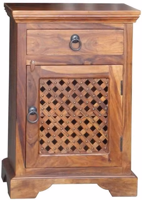 Jaipur Furniture Ltd Ganga Latic Jali Sheesham Wood Bedside Cabinet with Right Side Door, Brown Honey Dark Finish, W: 45 cm, D: 31 cm, H: 65 cm
