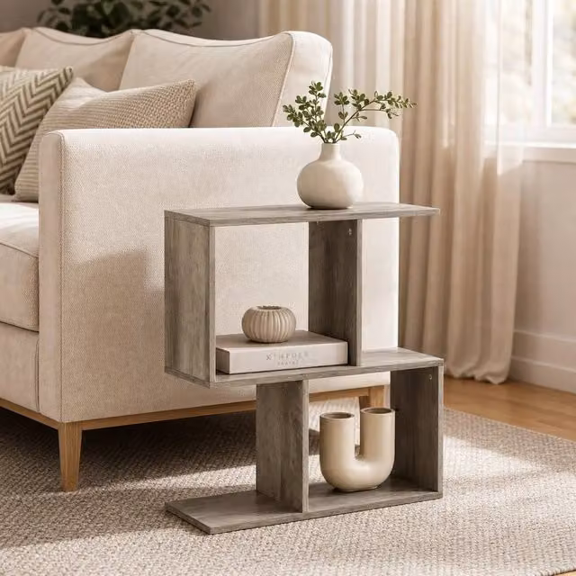 STILVORA Modern Grey Side Table with Shelves – 1