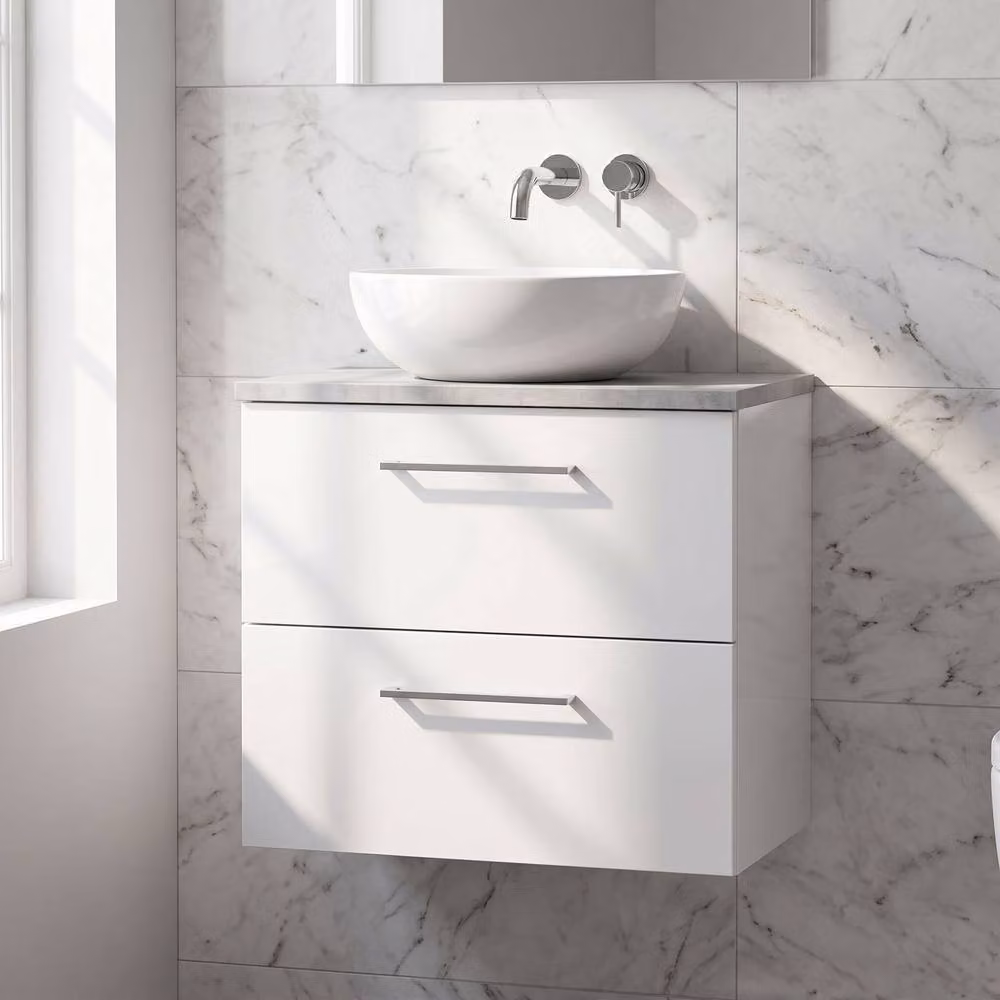 Balterley Gloss White 600mm Wall Hung 2 Drawer Unit and Laminate Worktop – 2