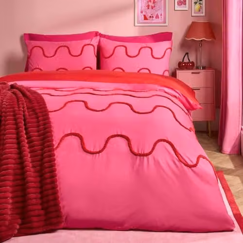 OHS Modern Tufted Wave Double Duvet Cover Set with Pillowcases in Pink and Red, W/D/H: 200 x 200 cm
