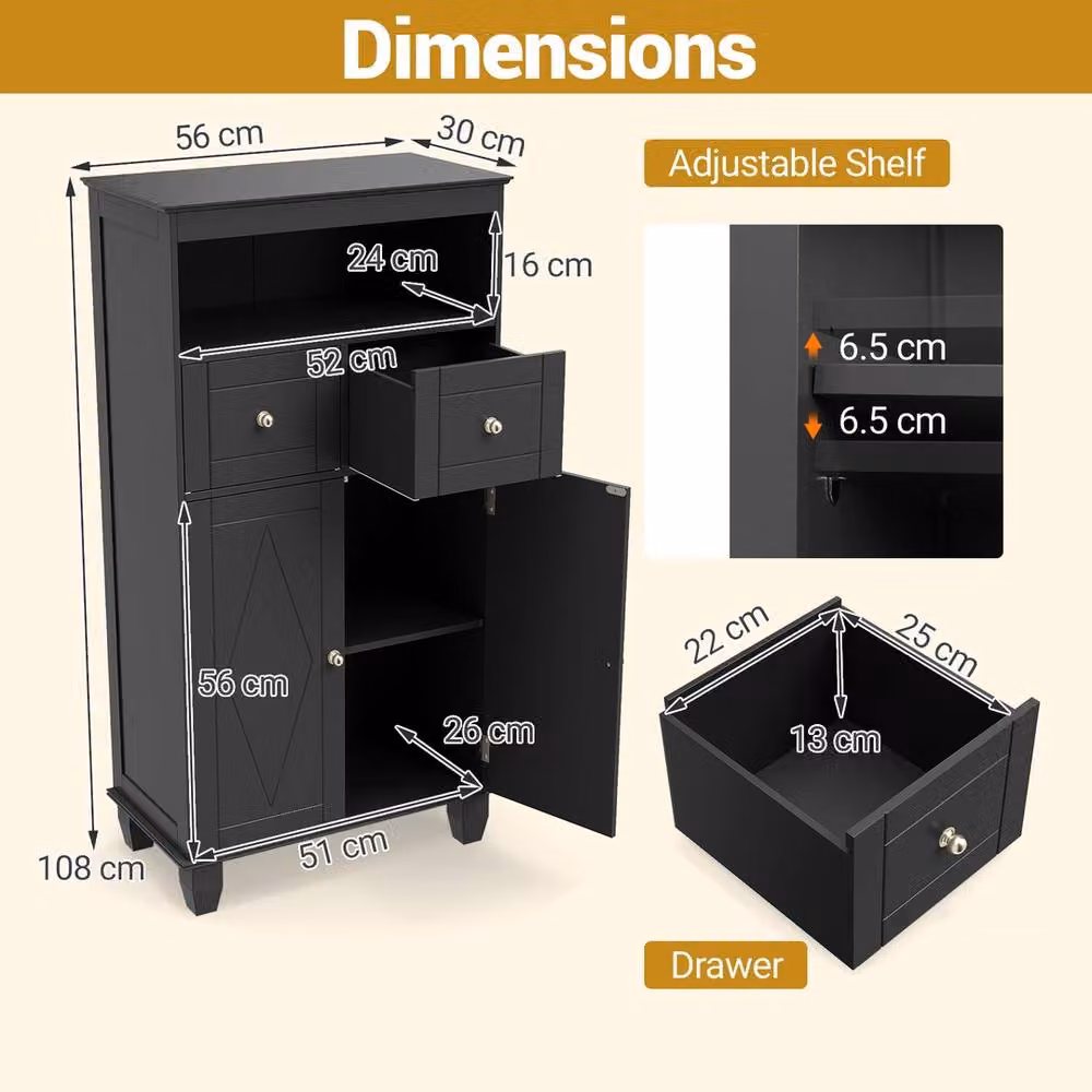 VOGREX Black Matt Freestanding Pine Wood Bathroom and Living Room Floor Storage Cabinet with Internal Shelves and Hinged Doors – 2
