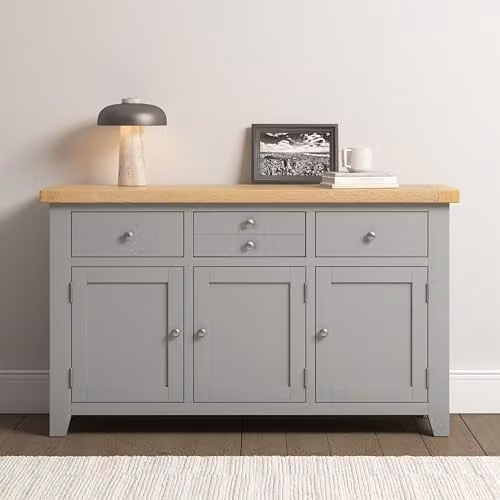 Seconique Windsor 3 Door 3 Drawer Sideboard in Pebble Grey and Oak, W: 137.0 cm, D: 40.0 cm, H: 81.5 cm