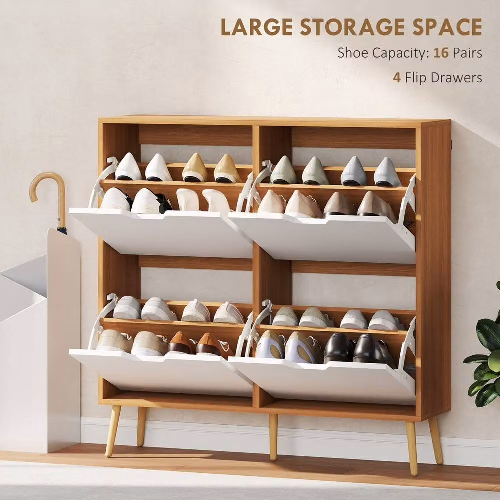 KORVIXA Natural and White Scandinavian Wood Shoe Storage Cabinet with 4 Tilting Compartments, Width: 100 cm – 3