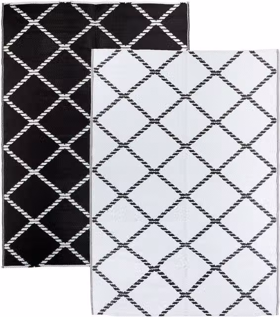 Relsy Reversible Checked Patterned Outdoor Garden Rug in Black and White