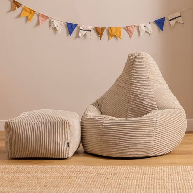 Icon Kids High Back Chair and Footstool in Stone Jumbo Cord