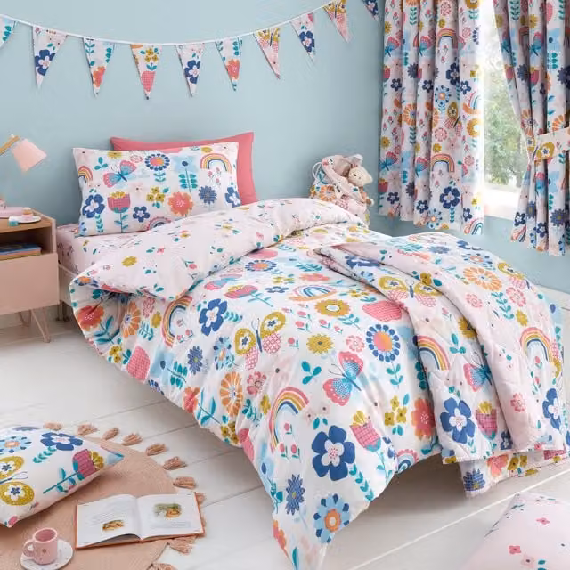 Happy Linen Company Flower Garden Kids Reversible Duvet Cover and Pillowcase Set, Pink and Multicolour, W/D/H: 120 x 150 cm and 40 x 60 cm