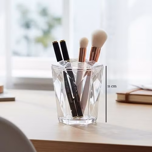 Orsina 3D Geometric Blue and Transparent Acrylic Toothbrush Holder, Freestanding Non-Slip Plastic Unit