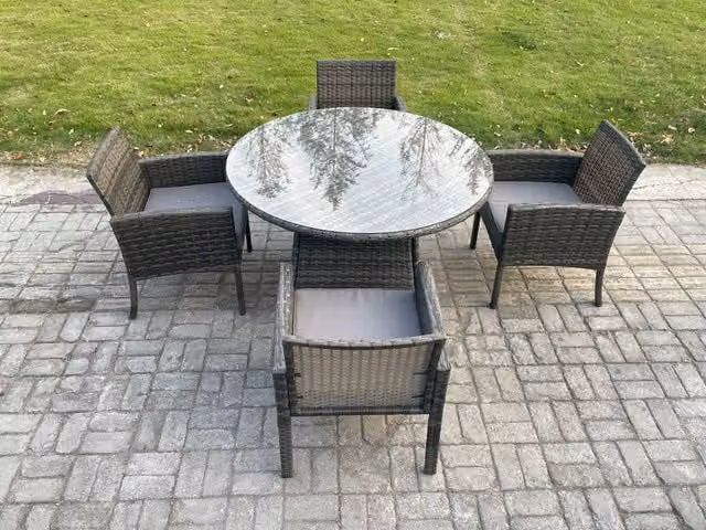 Fimous 4 Seater Rattan Garden Furniture Set with Large Round Table in Dark Grey