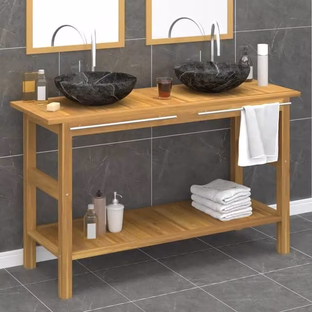 Berkfield Home Freestanding Teak Bathroom Vanity Cabinet with Black Marble Sinks – 1
