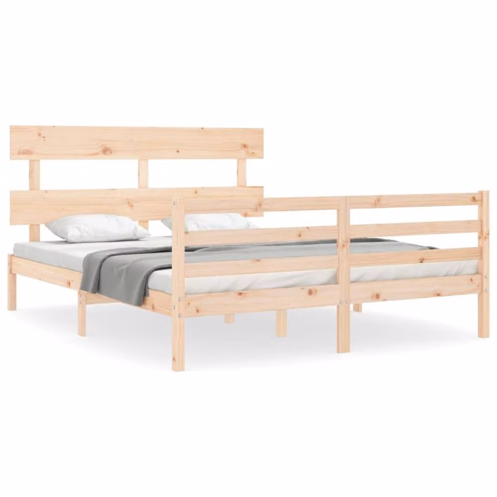 Berkfield Home Beautiful Solid Wood Bed Frame with Headboard, Beige, W/D/H: 150 x 200 x 81 cm – 2