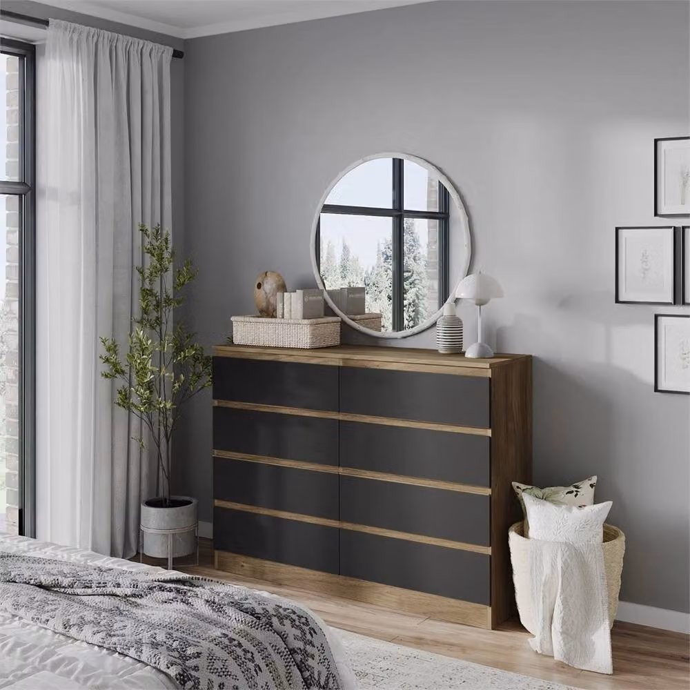 FORGEVIO Modern Oak Wooden Chest of 8 Drawers with Black Drawers, Brown and Black – 2
