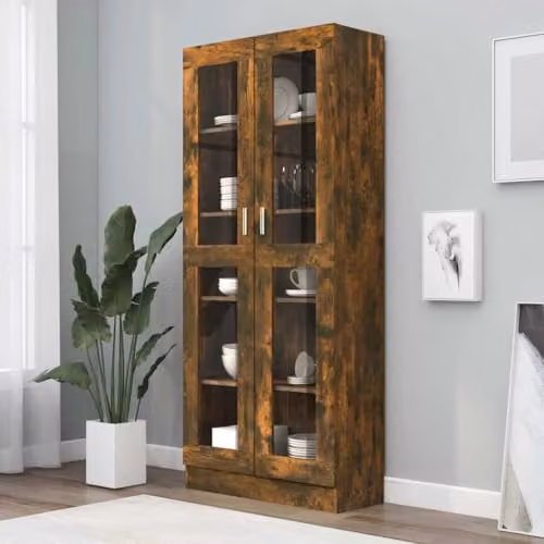 vidaXL Vitrine Cabinet in Smoked Oak with Glass Doors, W/D/H: 82.5 x 30.5 x 185 cm – 2