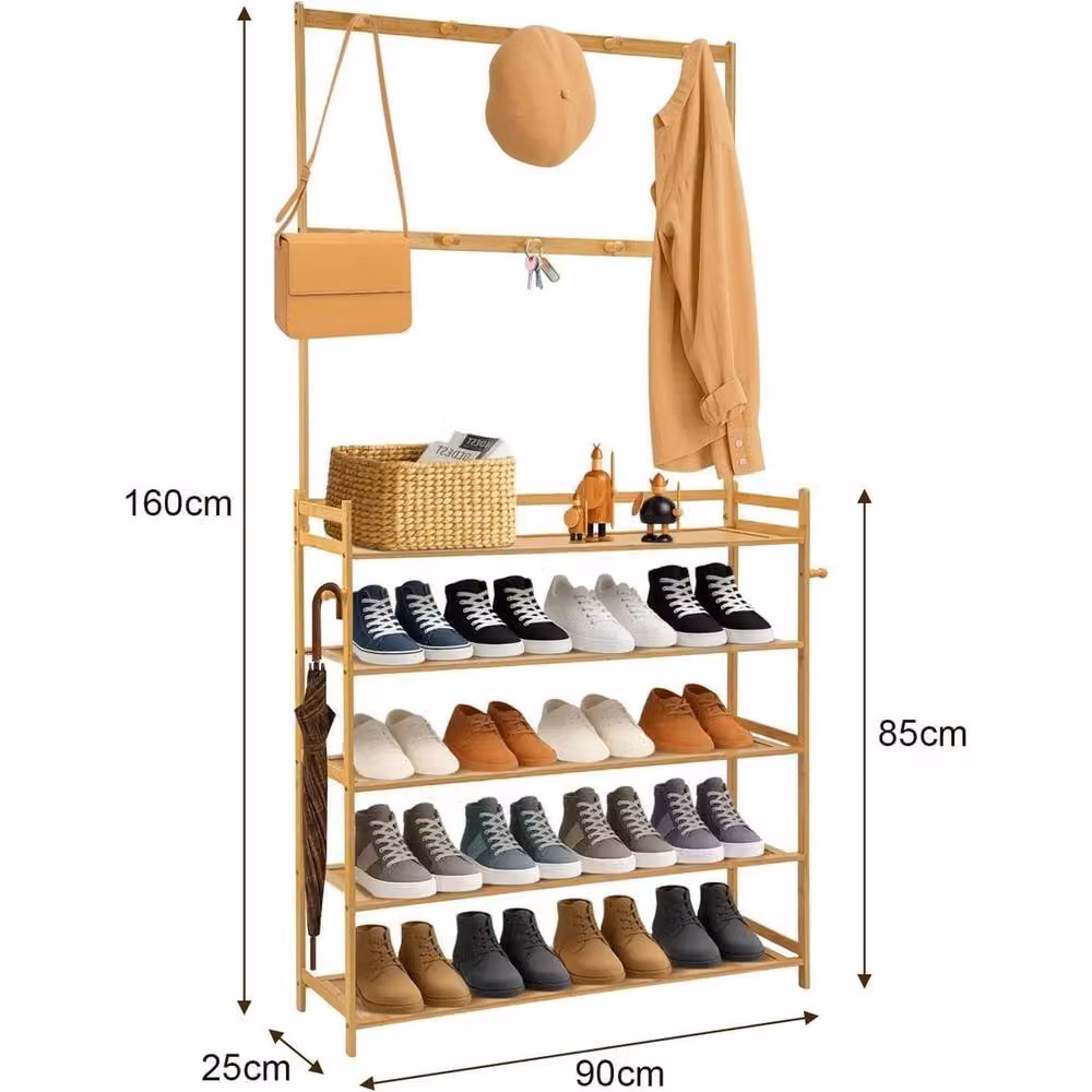 EONLION Classic Coat Rack with Hooks in Light Oak, Brown, W/D/H: 90 x 25 x 160 cm – 2