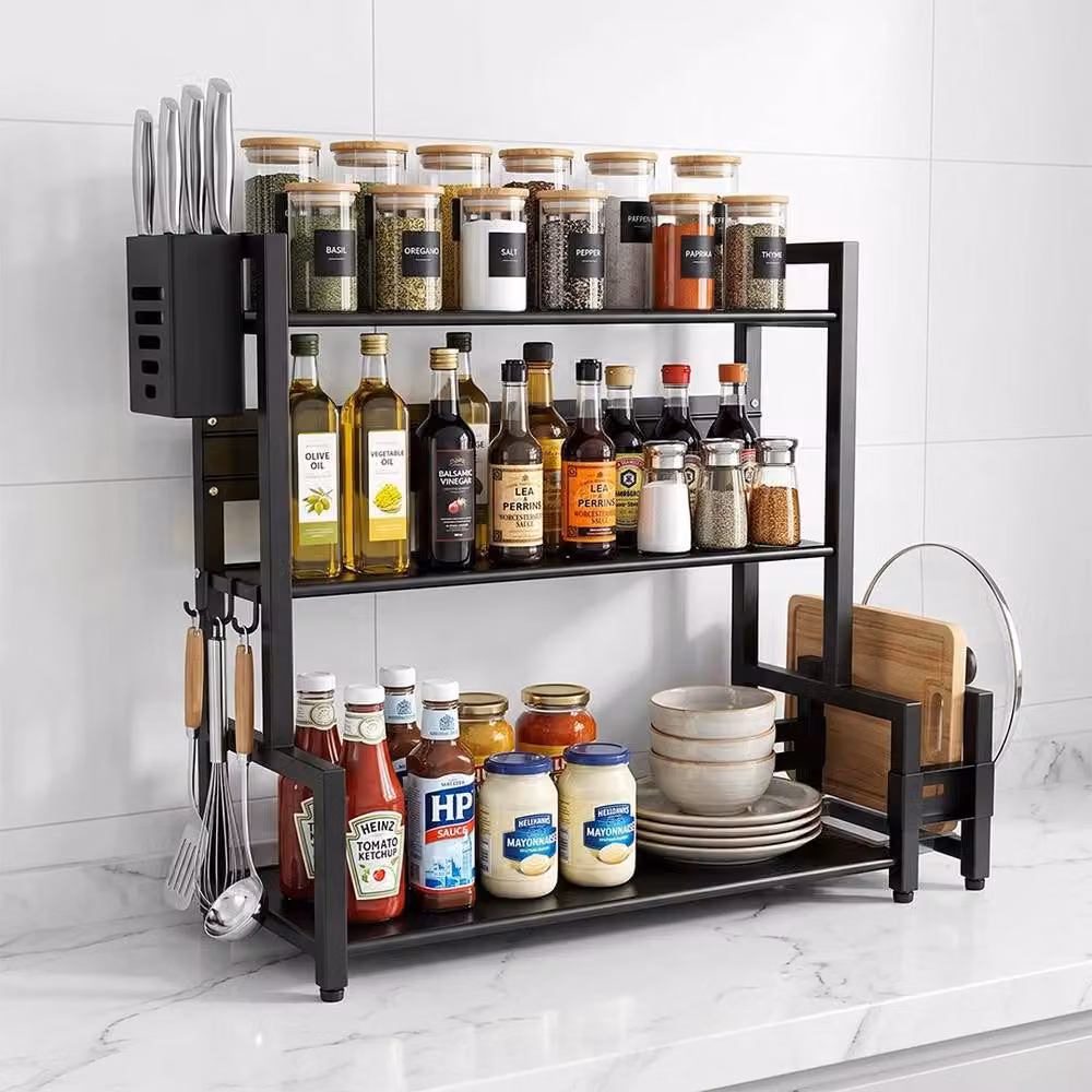 EONLION 3-Tier Black Metal Freestanding Spice Rack and Kitchen Storage Holder, Width: 100 cm – 4
