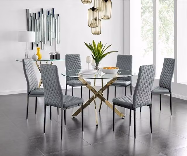FurnitureboxUK Novara Gold Round Glass Dining Table with Six Milan Black Faux Leather Chairs in Grey, Diameter: 120 cm