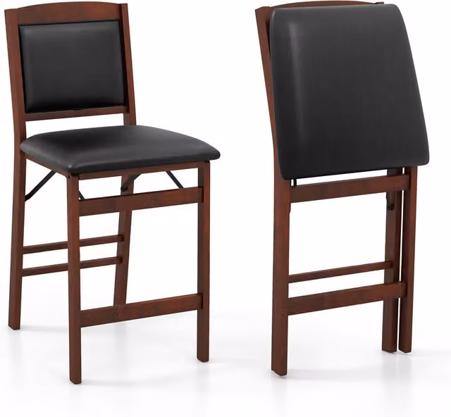 Set of 2 Costway Kitchen Dining Stools in Brown Synthetic Leather and Rubberwood
