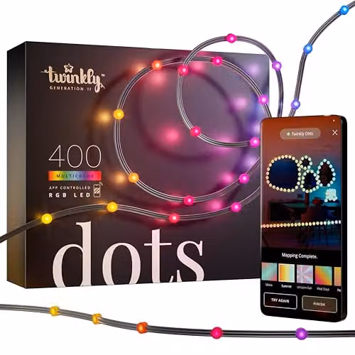 Twinkly Dots 20m Flexible RGB LED Strip, Multicolour, Black Wire, IP44 Rated, Compatible with Alexa, Google Assistant and Apple HomeKit – 1