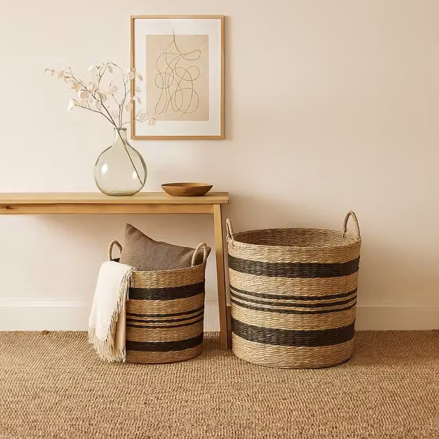 Orsina Set of 2 Striped Seagrass Storage Baskets in Natural and Black, W/D/H: 45 x 45 x 45 cm