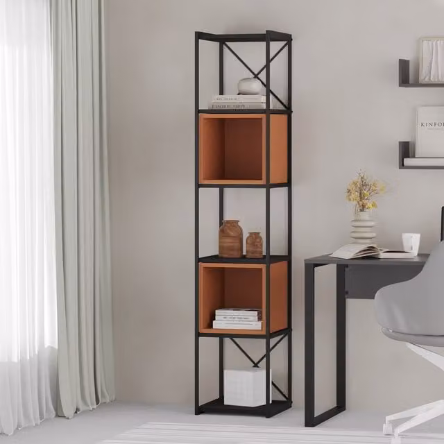 Decortie Vale Mini 5-Tier Bookcase with Adjustable Shelves in Black and Orange Wood