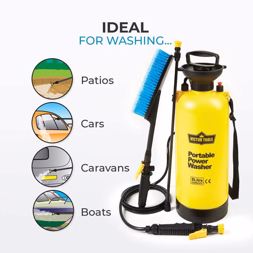 Victor Tools Portable Hand Pump Power Washer, 8L Capacity, Yellow, H54 x W18 x D25 cm – 2