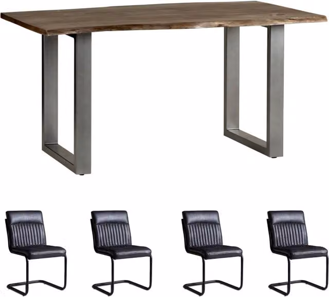 IH Design Grey Acacia Wood Rectangular Dining Table and 4 Chairs Set with Live Edge Detail