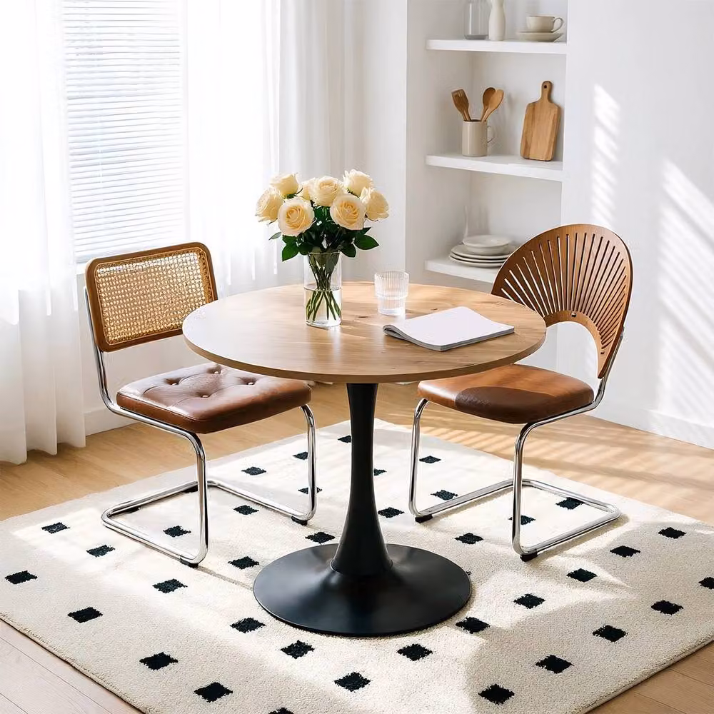 FORGEVIO Industrial Round Wooden Dining Table with Metal Pedestal in Brown – 3