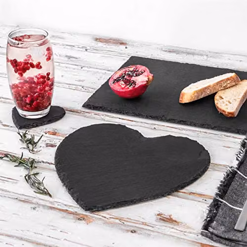 Argon Tableware Heart Shaped Natural Black Slate Coasters, 6 Piece Set, Diameter: 10 cm – 6