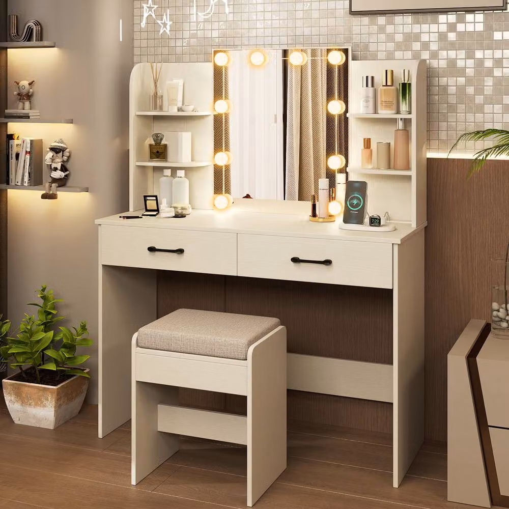 Costway Modern Vanity Desk and Chair Set with Hollywood LED Mirror in White – 4