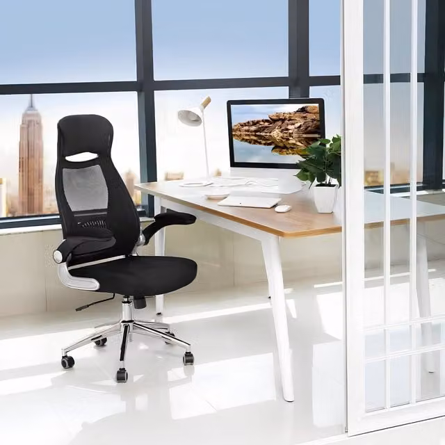 The Bazaarist Black High Back Mesh Task Chair with Headrest and Flip-Up Armrests