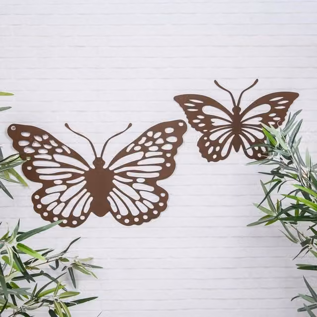 Annibells Set of 2 Brown Rusted Metal Butterfly Garden Wall Plaques