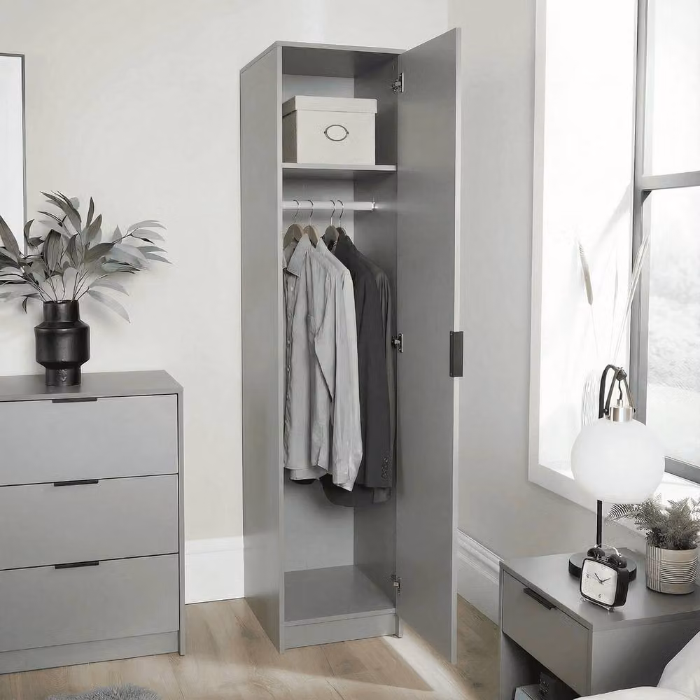 FORGEVIO Modern Grey Wardrobe with Hinged Doors, Hanging Rod and Internal Shelves – 2