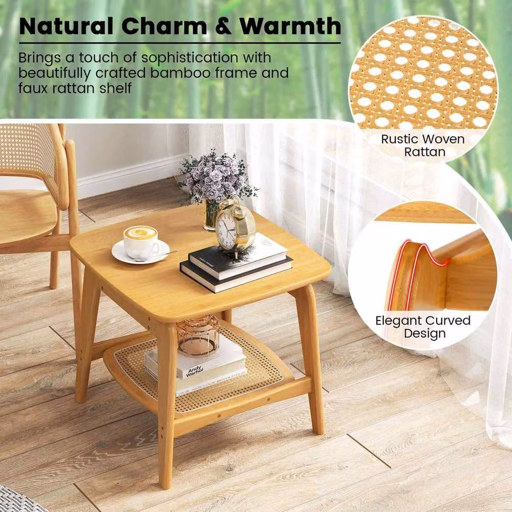 VOGREX Natural Bamboo and Rattan Side Table in Brown and Beige – 3
