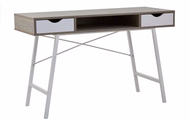 Orsina Minimalist Writing Desk with Two Drawers in Oak, Grey and White – 2