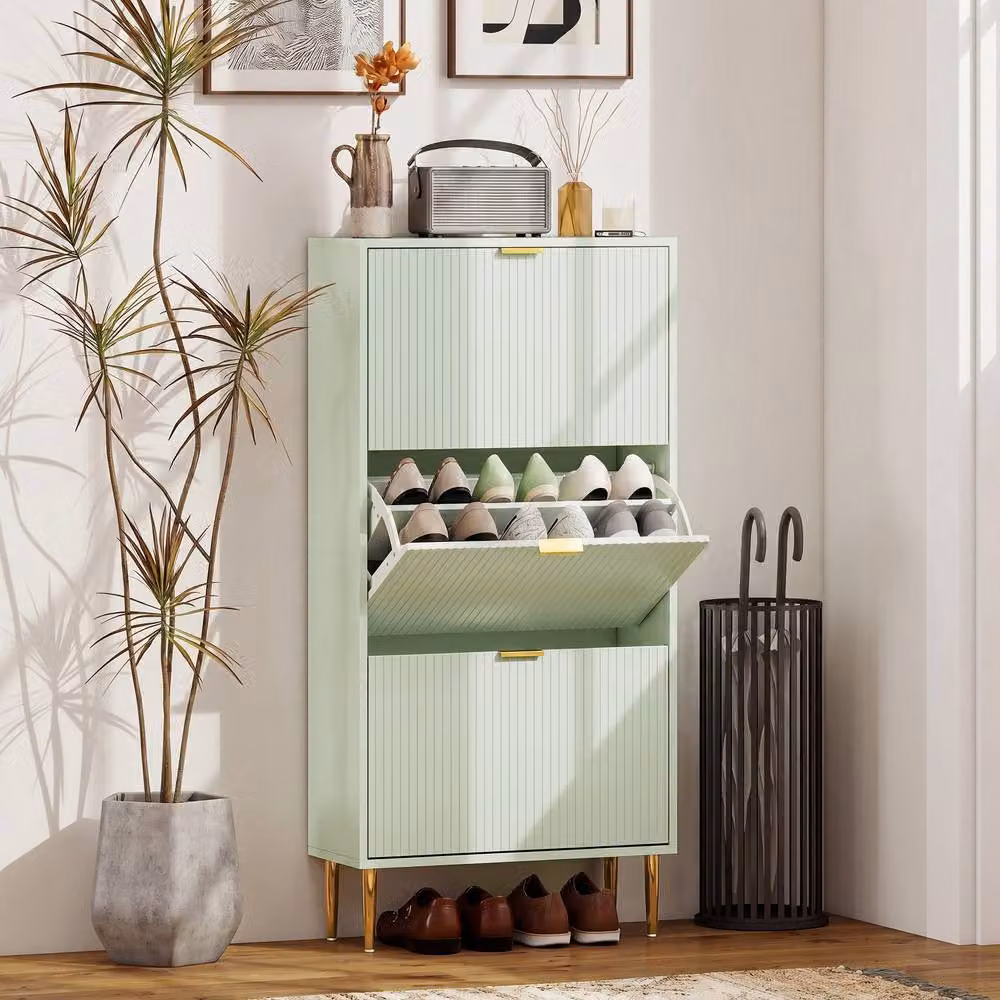 HOMCOM Slim Shoe Storage Cabinet with 3 Tilting Compartments for Hallway, Green – 2