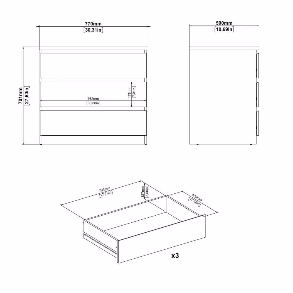 Wyld Haus Budapest 3 Drawer Chest in Cream with Natural Oak Effect Top – 3