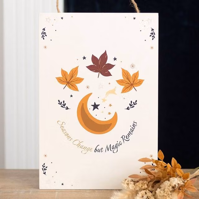 Uniqueful Seasons Change but Magic Remains Multicolour Rustic Wood Hanging Sign, Width: 15 cm