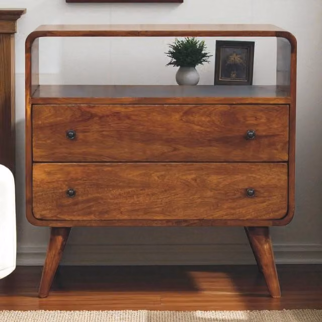Aosom UK Solid Mango Wood Bedside Table with 2 Drawers and Open Shelf, Brown, D: 35 cm, W: 70 cm, H: 70 cm