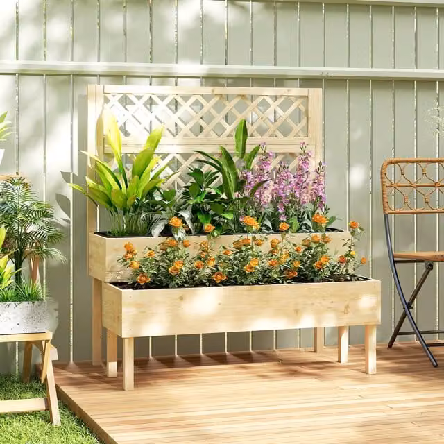 Outsunny 2-Tier Wooden Raised Garden Bed with Trellis for Climbing Plants in Brown
