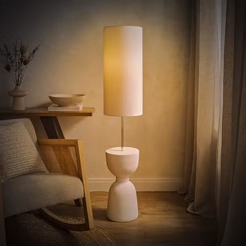 ValueLights Esme Floor Lamp with Ceramic Base and Beige Fabric Shade including LED Bulb – 2