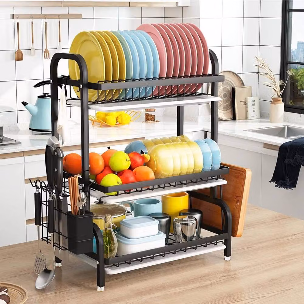 PAWNORA 3 Tier Black Metal Dish Drainer Plate Rack with Drip Tray – 3