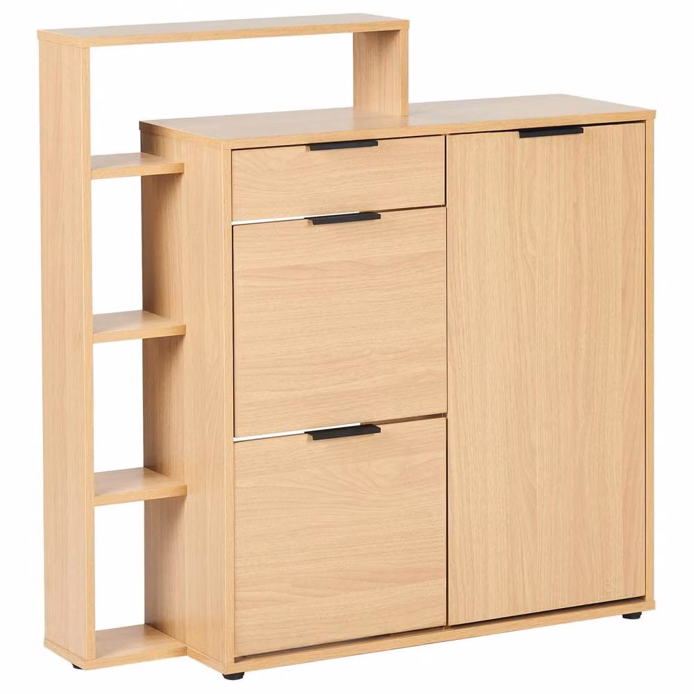 Wyld and Coco Wall-Mounted Shoe Storage Cabinet with Tilting Compartments and Drawer in Brown and Beige – 2