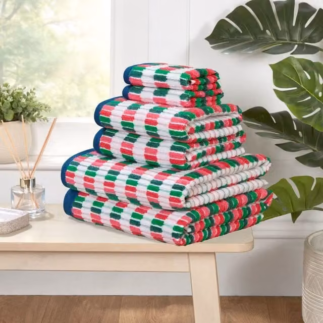 Rapport Home Santa Cruz 6 Piece Checked Cotton Terry Towel Set in Multicolour and Red