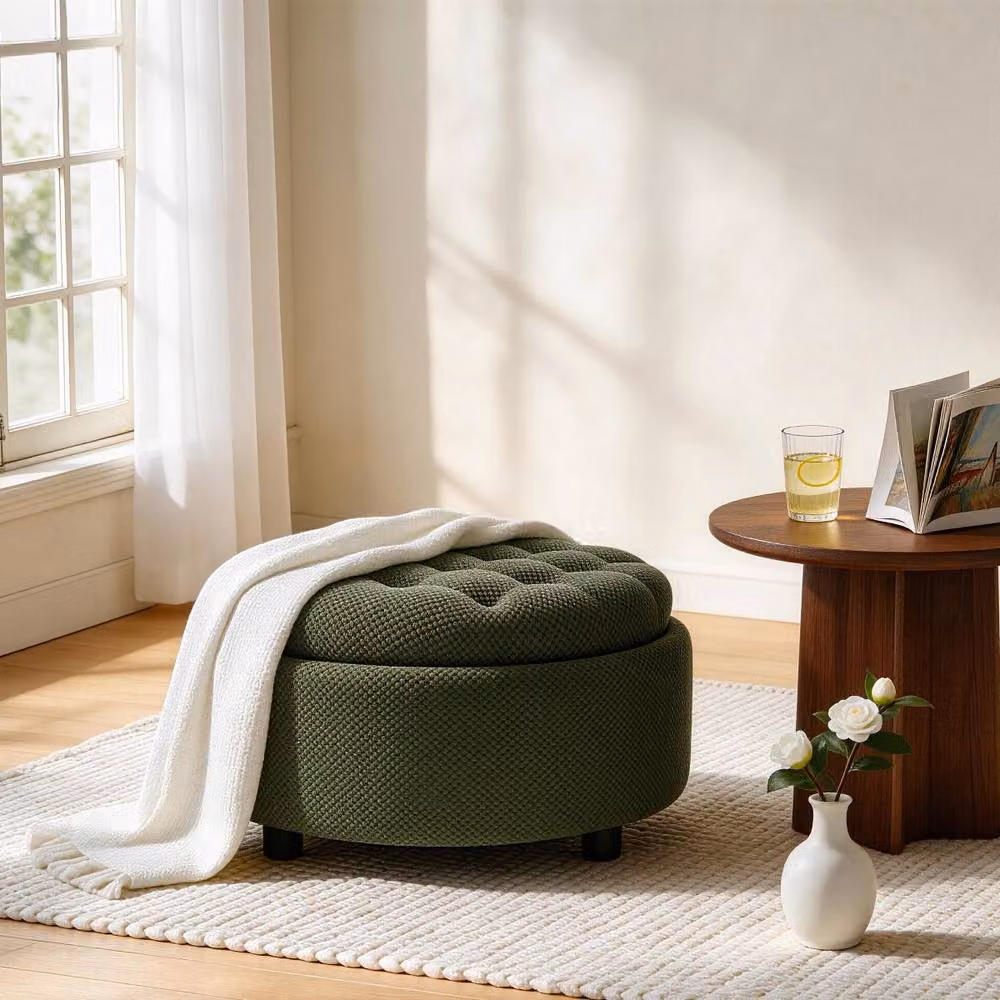 Rolipo Dark Green Round Fabric Storage Ottoman with Wooden Tray Top – 3
