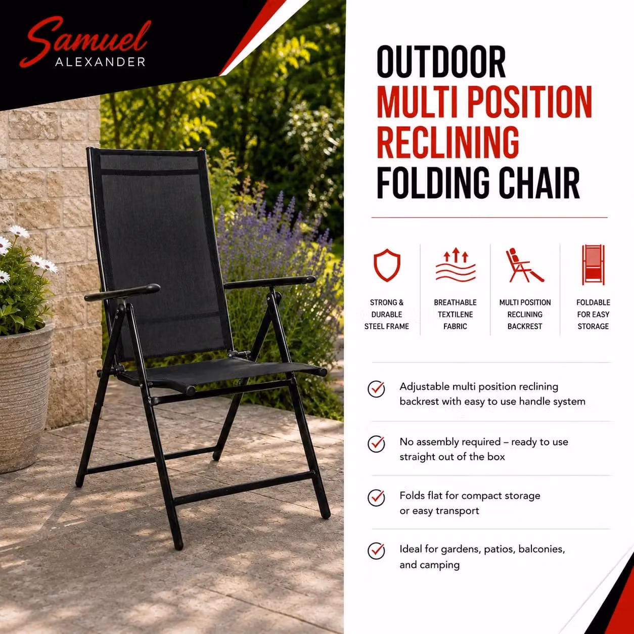 Samuel Alexander Multi Position Reclining Folding Garden Chair in Black – 4