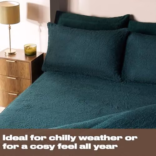 OHS Teddy Fleece Thermal Fitted Bed Sheet, Double, Green, 140 x 200 cm – 2
