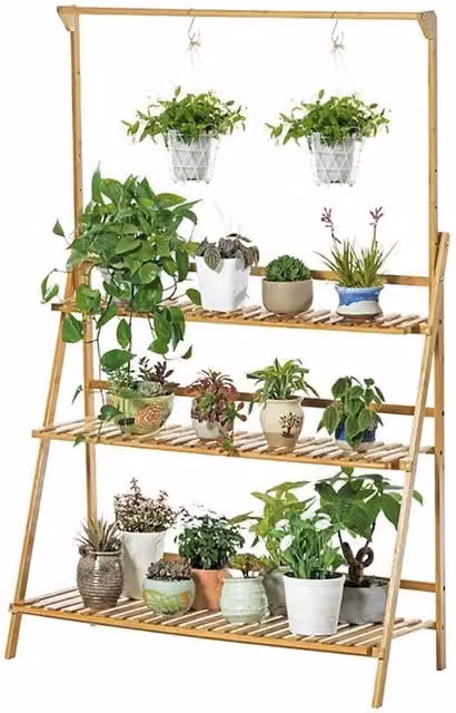 Kelvenix 3 Tier Folding Plant Stand Ladder Shelf in Brown