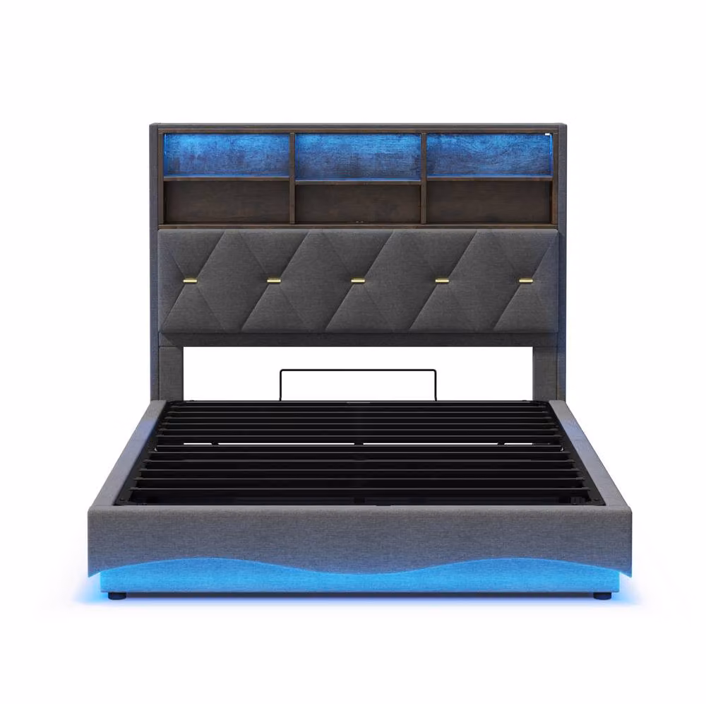 STILVORA Grey Fabric Double Bed Frame with Lift Up Storage, LED Lighting and USB Charging Port, W/D/H: 140 x 200 cm – 6