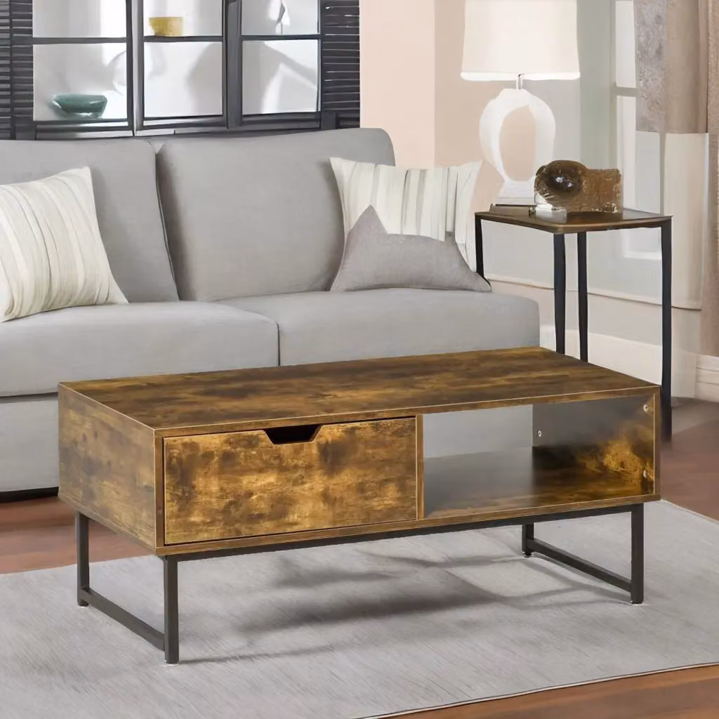 Rafaelo Mobilia Industrial Rustic Coffee Table with Drawer and Storage in Brown and Black, W: 106 cm, D: 48 cm, H: 43 cm – 2