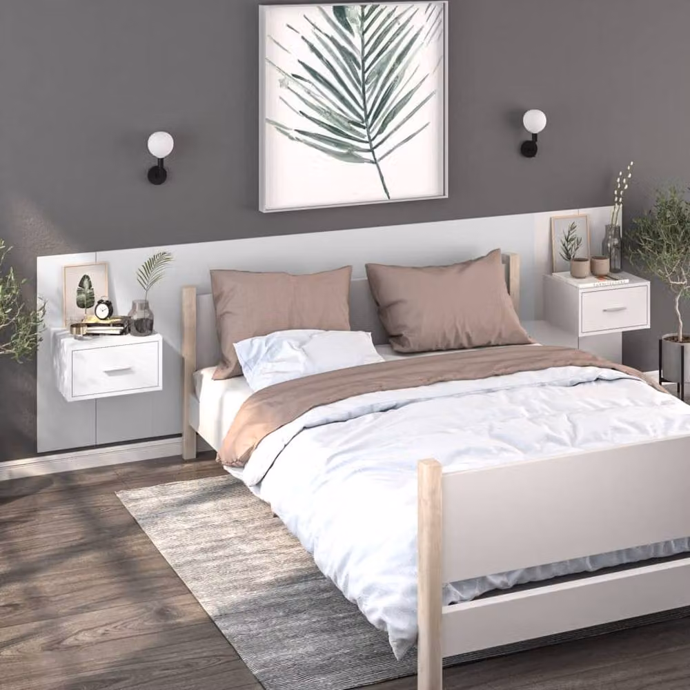 Berkfield Home Set of 2 Wall-mounted Bedside Cabinets, White, W/D/H: 48.5 x 32.5 x 80 cm – 2